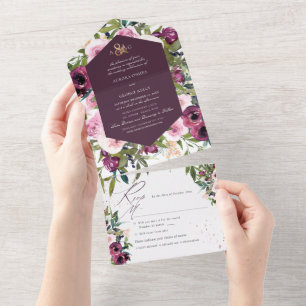 Invitación Todo En Uno PixDezines Boho Borgoña Peonies rosados