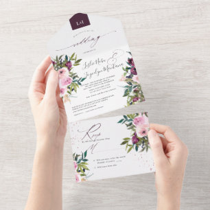 Invitación Todo En Uno PixDezines Borgoña Rosa Peonies Todo En Uno