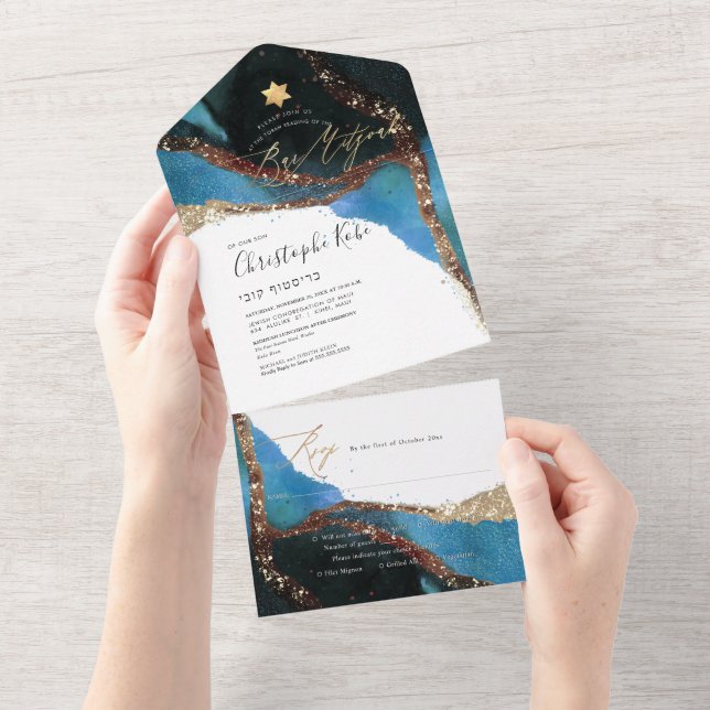 Invitación Todo En Uno PixDezines Cosmic Cerulean Blue Moss Bar Mitzvah (desgarro)