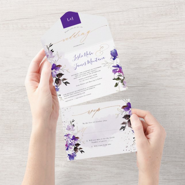 Invitación Todo En Uno PixDezines Elegant Violet Morple Sweetpeas (desgarro)
