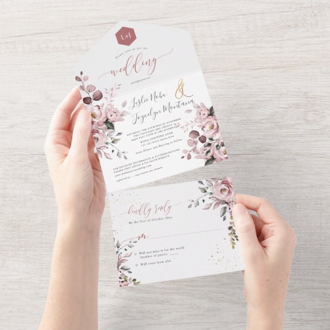 Invitación Todo En Uno PixDezines Elegante Rosa Dusty+Gum Eucalyptus (desgarro)