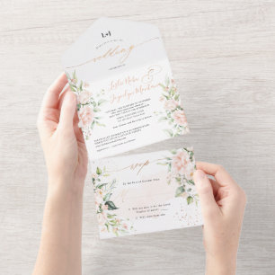 Invitación Todo En Uno PixDezines Elegantes Rosas de Rubor y Cream
