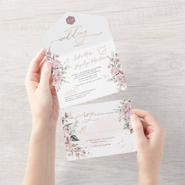 Invitación Todo En Uno PixDezines Elegantes Rosas Polvorientos Flores acu (desgarro)