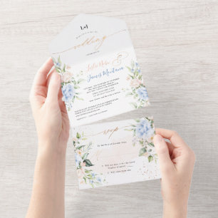 Invitación Todo En Uno PixDezines Elegantes Rosas Rubor n Blue