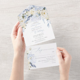 Invitación Todo En Uno PixDezines H2 Flores azules turbias Rosas Hydrange