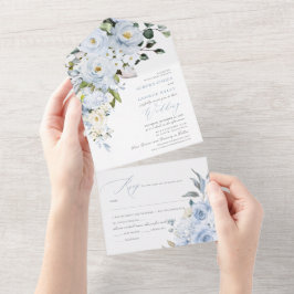 Invitación Todo En Uno PixDezines H2 Flores azules turbias Rosas Hydrange