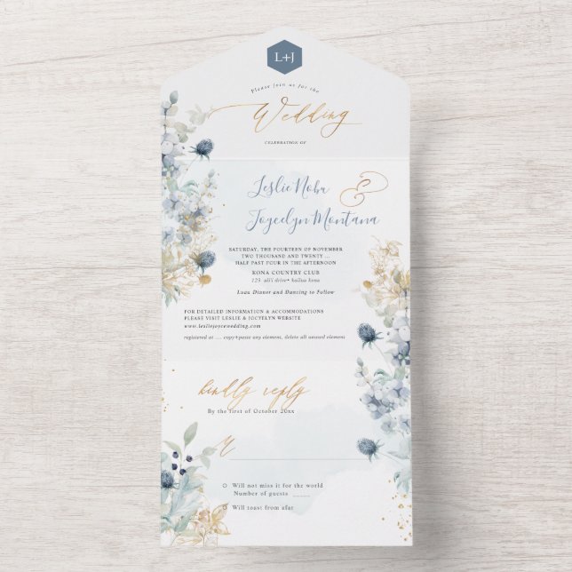 Invitación Todo En Uno PixDezines H2 Invernal Dusty Blue Thistle Cotton (Interior)