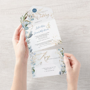 Invitación Todo En Uno PixDezines H2 Oro de Eucalipto azul agitado y rúst