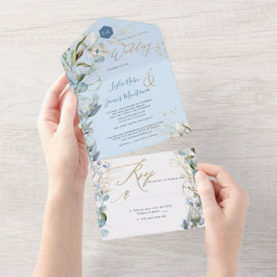 Invitación Todo En Uno PixDezines H2 Oro de Eucalipto azul agitado y rúst
