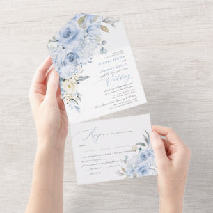 Invitación Todo En Uno PixDezines H2 Rosas azul turbio Hydrangea