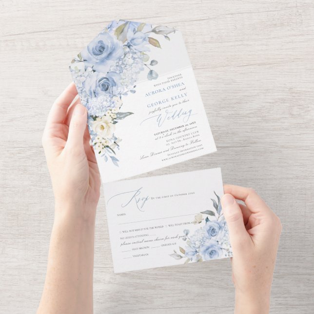 Invitación Todo En Uno PixDezines H2 Rosas azul turbio Hydrangea (desgarro)