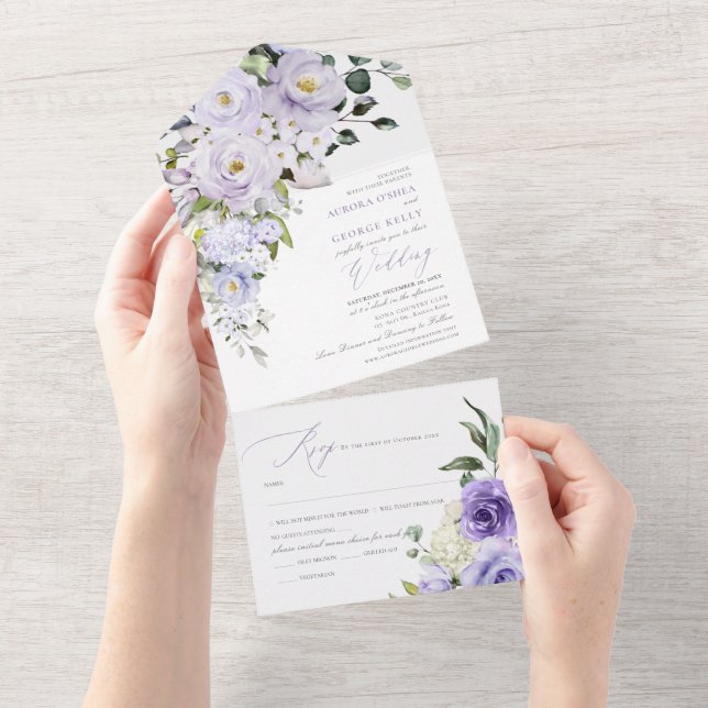 Invitación Todo En Uno PixDezines H2 Rosas púrpura polvo Hydrangea (desgarro)