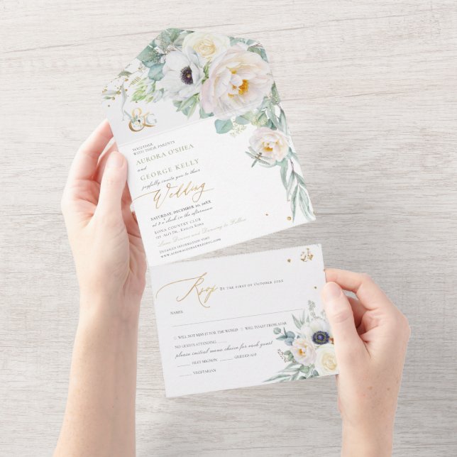 Invitación Todo En Uno PixDezines H2 White Peonies Anemone (desgarro)