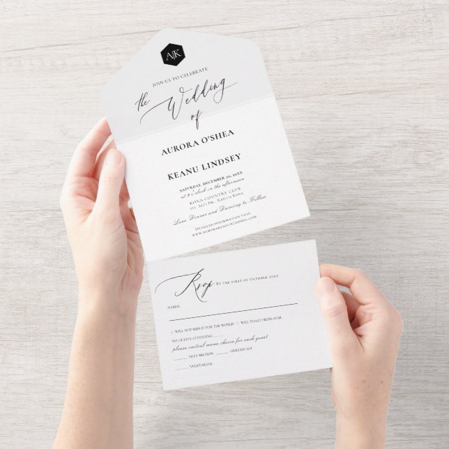 Invitación Todo En Uno PixDezines Luxe Caligraphy DIY blanco negro (desgarro)