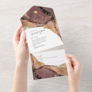 Invitación Todo En Uno PixDezines Rosa Polvo Cósmico Oro Bat Mitzvah Todo