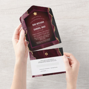 Invitación Todo En Uno PixDezines Watercolor Agate Burgundy Bar Mitzvah