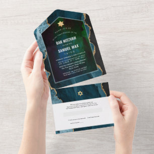 Invitación Todo En Uno PixDezines Watercolor Agate Teal Blue Bar Mitzvah