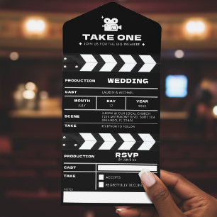 Invitación Todo En Uno Pizarra de Boda de Película de Cine