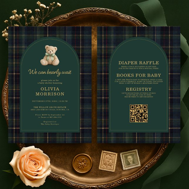 Invitación Todo en Uno Plaid Bearly Wait Verde Baby Shower (Subido por el creador)