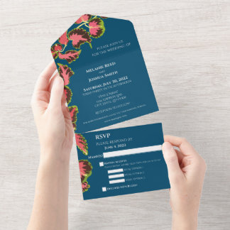Invitación Todo En Uno Plantas coloridas en azul con 3 opciones de comida