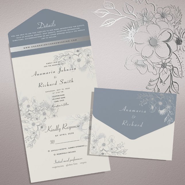 Invitación Todo En Uno Plata floral y Boda azul turbio (Subido por el creador)