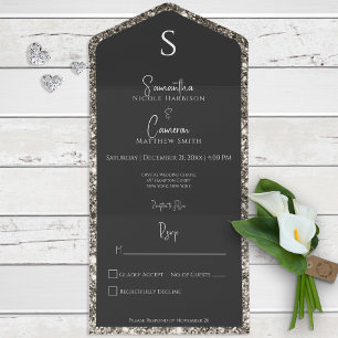 Invitación Todo En Uno Plata Purpurina y Black Glam Moderno Sin Cena