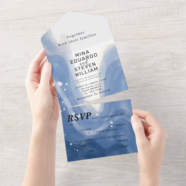 Invitación Todo En Uno Playa acuarela con olas boda (desgarro)