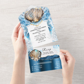 Invitación Todo En Uno Playa azul blanca, conchas de almejas, madre brill