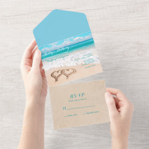 Invitación Todo En Uno Playa con corazones en el Boda de arena