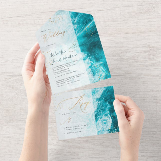 Invitación Todo En Uno Playa de Paraíso Tropical PixDezines Olas de Esmer (desgarro)