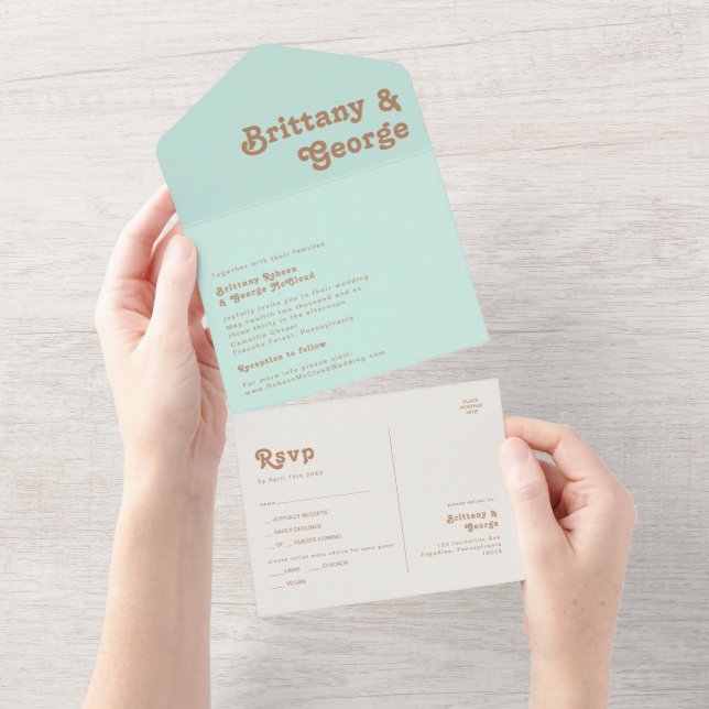 Invitación Todo En Uno Playa Retro | Sello de Aqua y envío (desgarro)