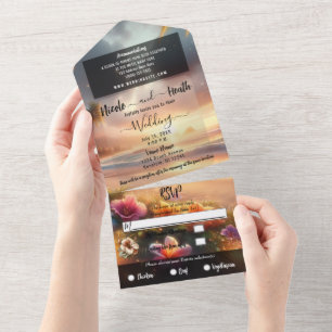 Invitación Todo En Uno Playa Tropical Encantada con Hibiscos Mágicos