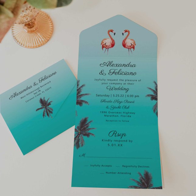 Invitación Todo En Uno Playa tropical Flamingos Turquesa (Subido por el creador)