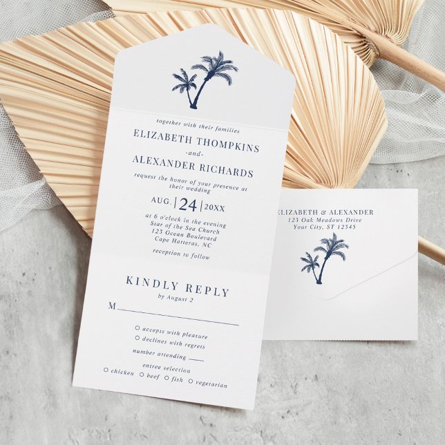 Invitación Todo En Uno Playa Tropical Palm Tree Wedding Marina Azul (Subido por el creador)