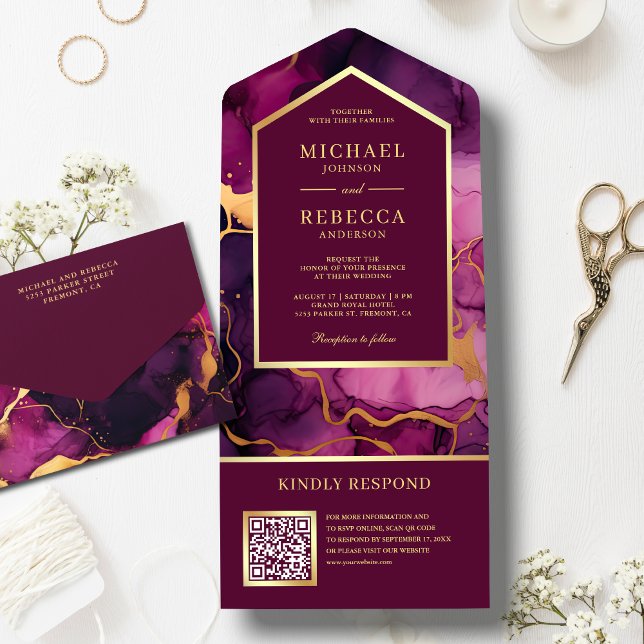 Invitación Todo En Uno Plum Gold Abstract Fluid Ink QR Code Boda (Subido por el creador)