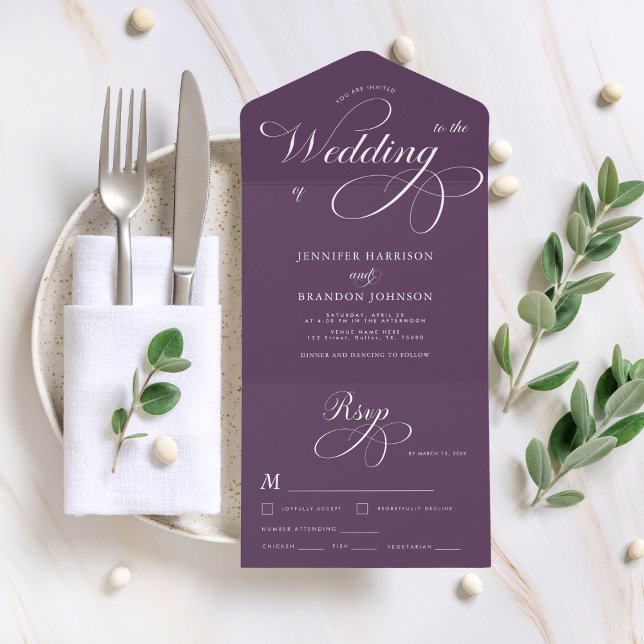 Invitación Todo En Uno Plum Purple Elegant Calligraphy Classic Boda (Subido por el creador)