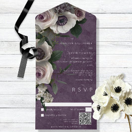 Invitación Todo En Uno Plum Purple Elegant Floral Moderno Código QR