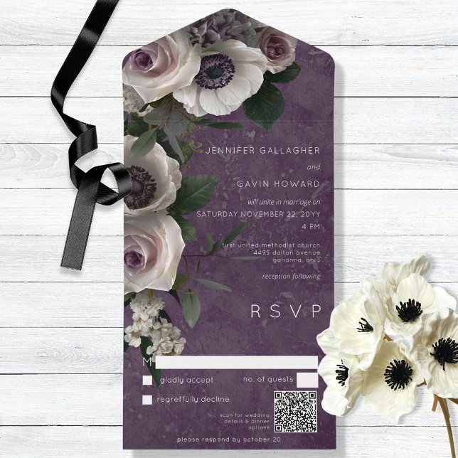 Invitación Todo En Uno Plum Purple Elegant Floral Moderno Código QR (Subido por el creador)