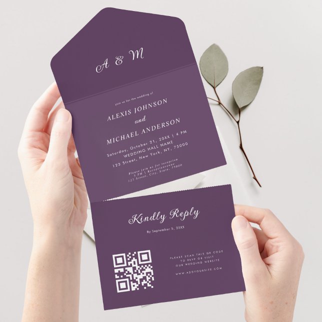 Invitación Todo En Uno Plum Purple Elegant Monograma QR Boda de código (Subido por el creador)