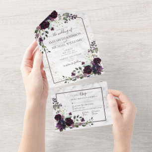 Invitación Todo En Uno Plum Purple Gold Watercolor Mármol Caída Boda