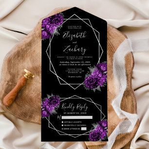 Invitación Todo En Uno Plum Silver Floral Geométrica Boda negro