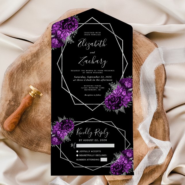 Invitación Todo En Uno Plum Silver Floral Geométrica Boda negro (Subido por el creador)