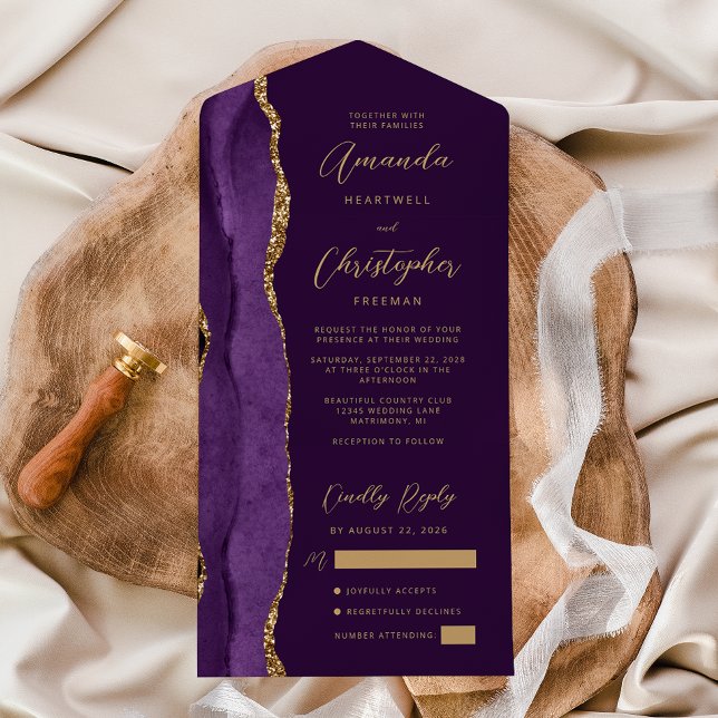 Invitación Todo En Uno Pluma Agate Purple Gold Script (Subido por el creador)