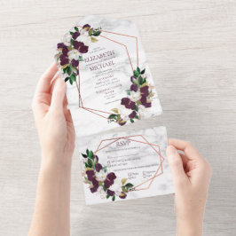 Invitación Todo En Uno Pluma de Mármol Geométrica de Cobre Floral de Borg