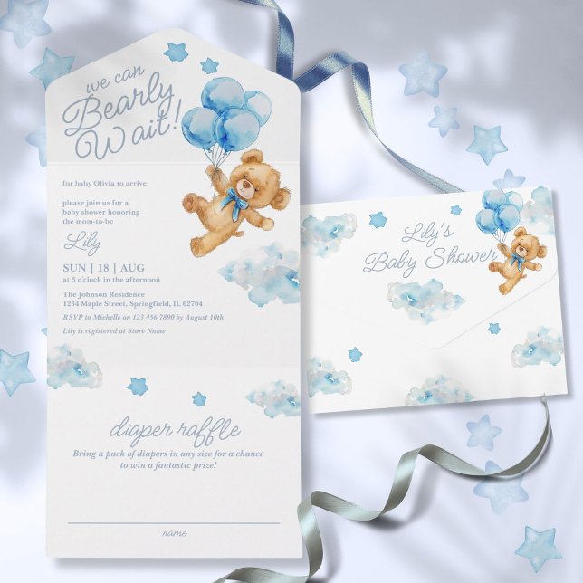 Invitación Todo En Uno Podemos Esperar A Teddy Bear Blue Baby Shower (We Can Bearly Wait Teddy Bear Blue Baby Shower All In One Invitation)