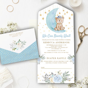 Invitación Todo En Uno Podemos Esperar con Ansias Oso de Peluche Azul Bab