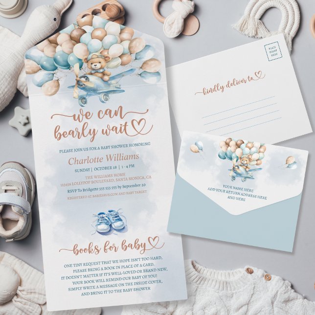 Invitación Todo En Uno Podemos Esperar Globos Azules Teddy Bear (We can bearly wait with a perforated diaper raffle card, baby shower invitation, blue balloons)