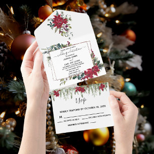 Invitación Todo En Uno Poinsettia De Navidad Floral Vacaciones Invierno
