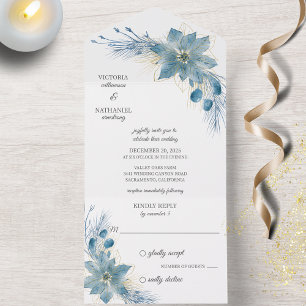 Invitación Todo En Uno Poinsettia moderna azul y oro sobre blanco