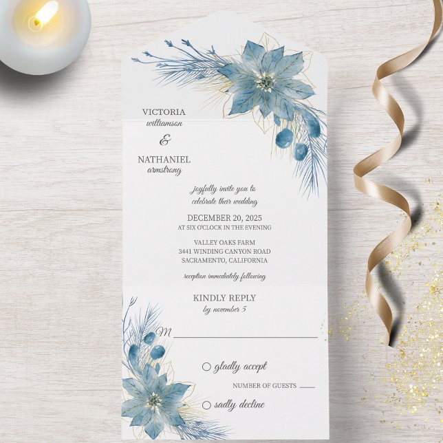 Invitación Todo En Uno Poinsettia moderna azul y oro sobre blanco (Also available with QR code. )